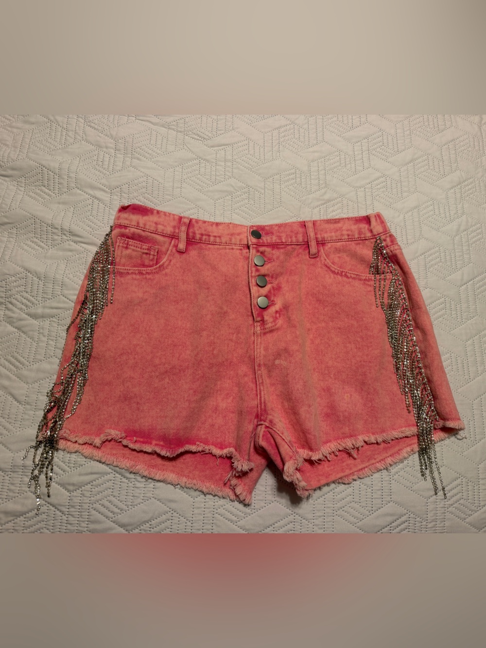 Savanna Jane Coral Pink Denim Shorts with Beaded Fringe